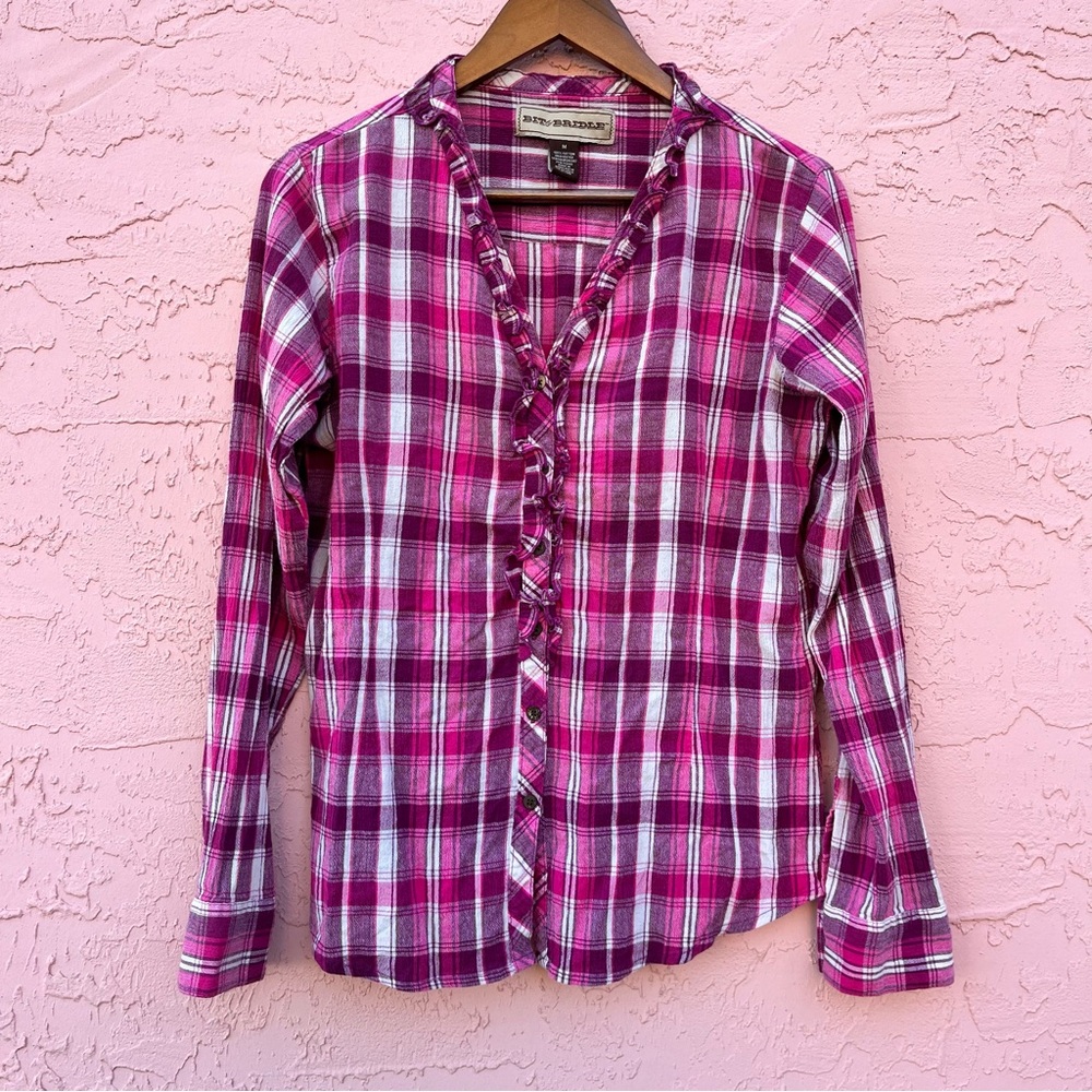 Bit & Bridle Plaid Western Shirt Pink Ruffle Cotton Size M